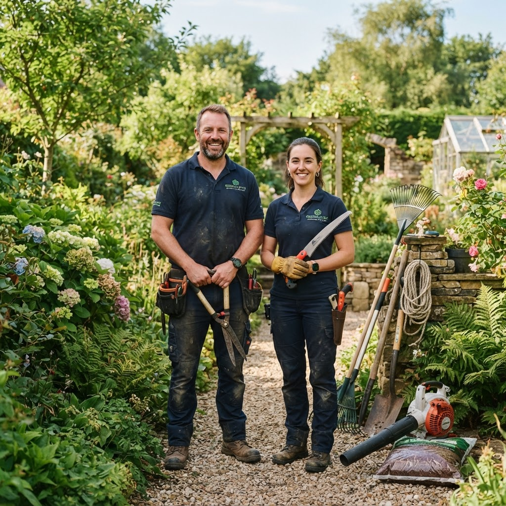 The Greenwood tree and garden care team standing in a garden with their equipment