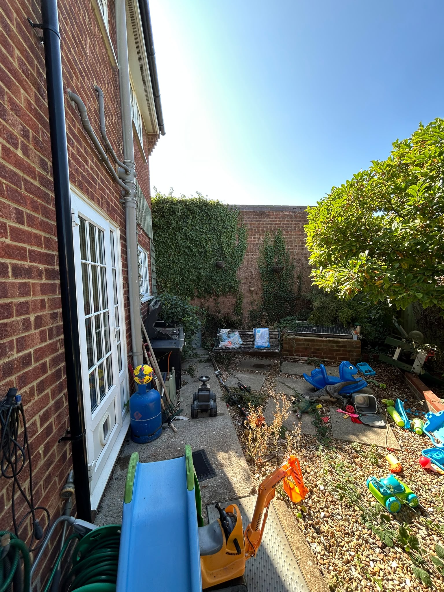 An overgrown side passage with ivy stripped back from the wall and cleared