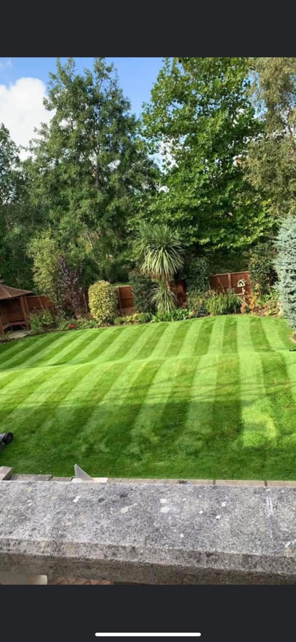 A freshly mown lawn with crisp light and dark stripes