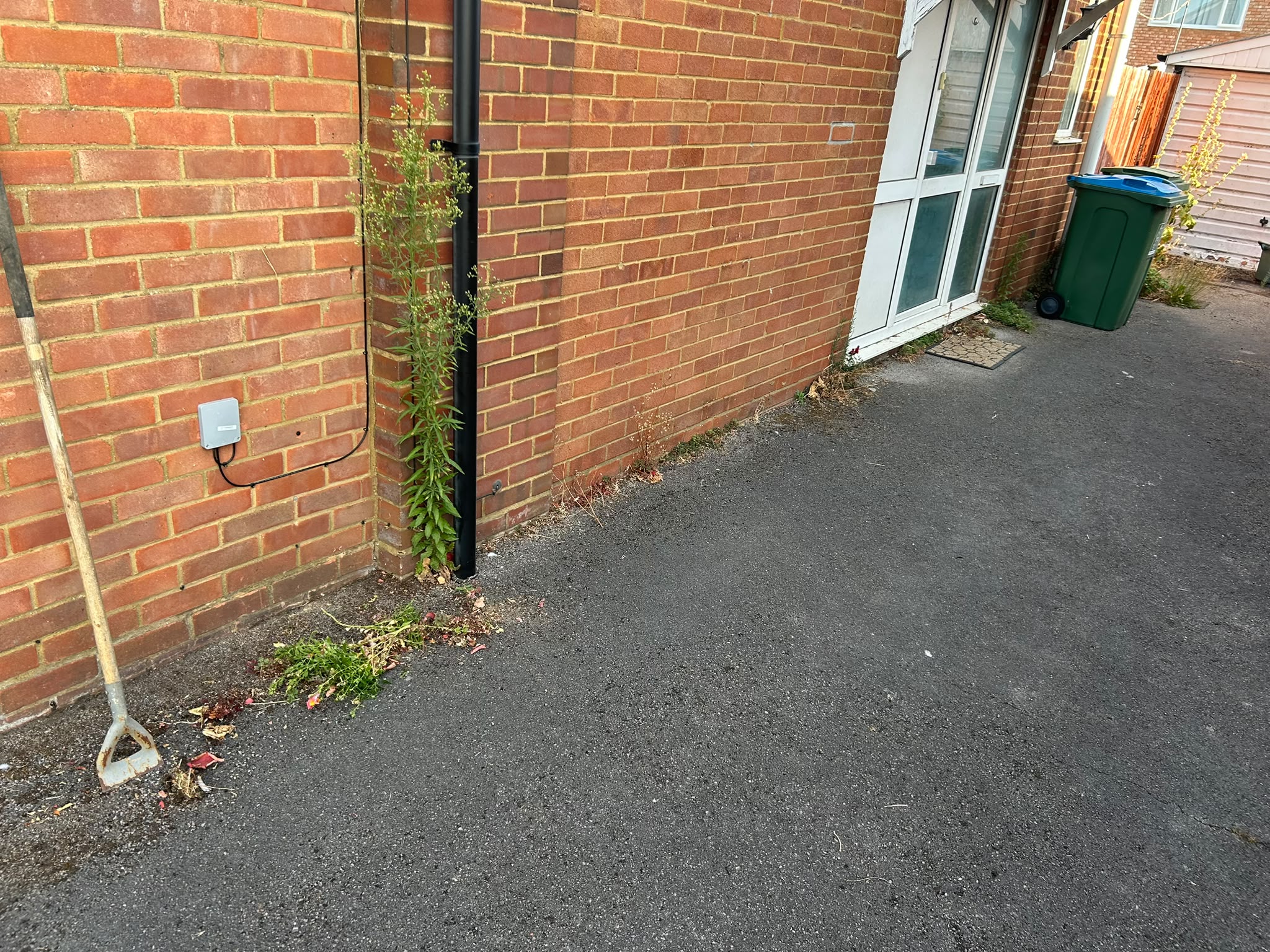 Weeds and growth cleared from the base of a wall and pathway